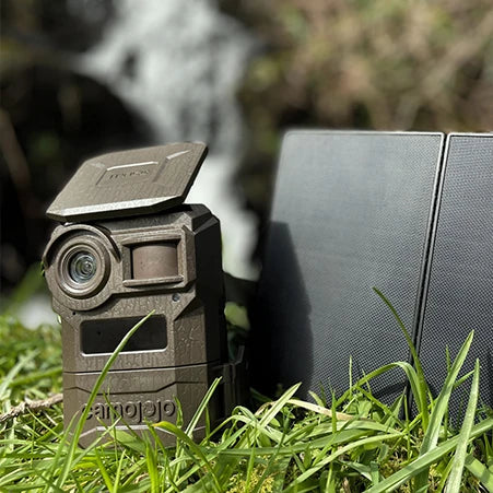 A camojojo trace wildlife camera with a solar panel