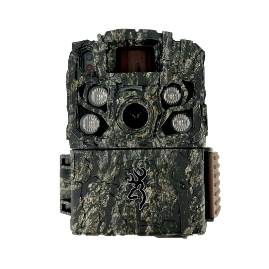 Front view of a Browning Strike Force FHDR trail camera, featuring a compact, camouflage design with a central lens, LED flash array, and the Browning logo prominently displayed.