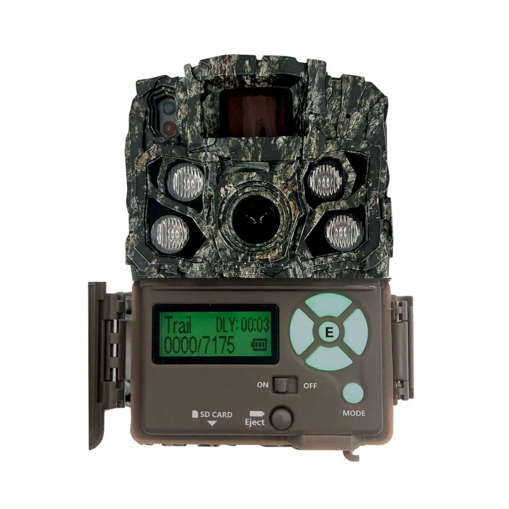 Front view of a Browning Strike Force FHDR trail camera with the front door open, revealing the control panel, LCD screen, and navigation buttons inside.