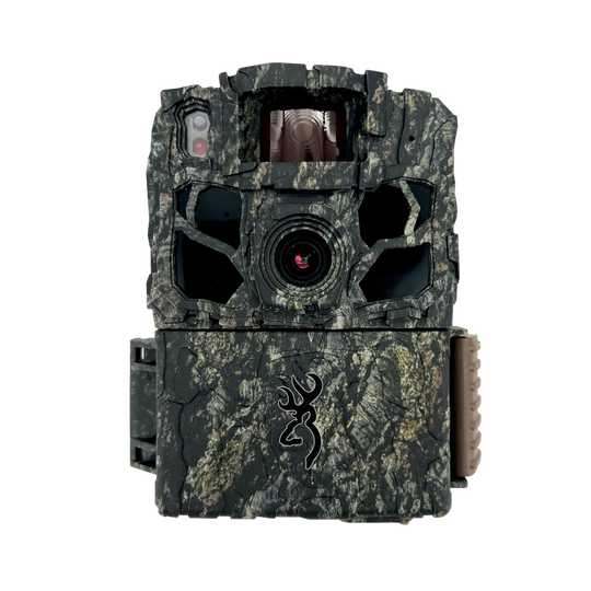 This image shows the Dark Ops 5FHDR trail camera with its front panel closed. It features a rugged camouflage design, a central lens, no-glow LEDs, and the Browning logo on the front, ideal for stealthy outdoor use.