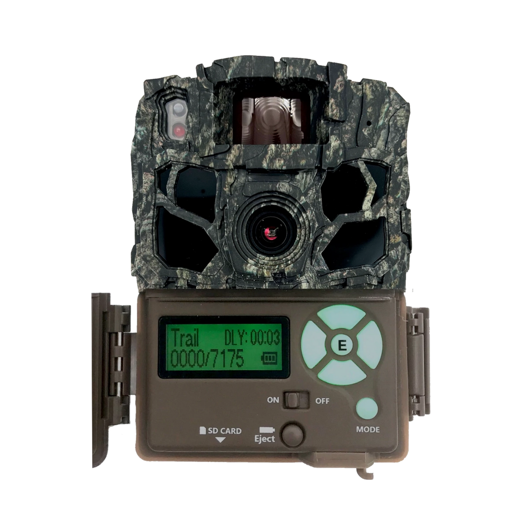 The Dark Ops 5FHDR trail camera with its front panel open, revealing the LCD screen and control buttons, set within a rugged camouflage design.