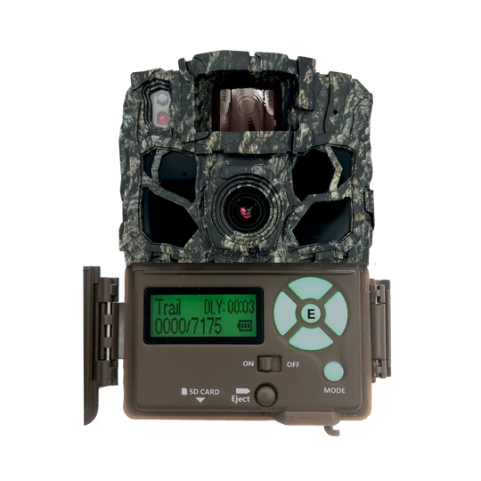 The Dark Ops 5FHDR trail camera with its front panel open, revealing the LCD screen and control buttons, set within a rugged camouflage design.