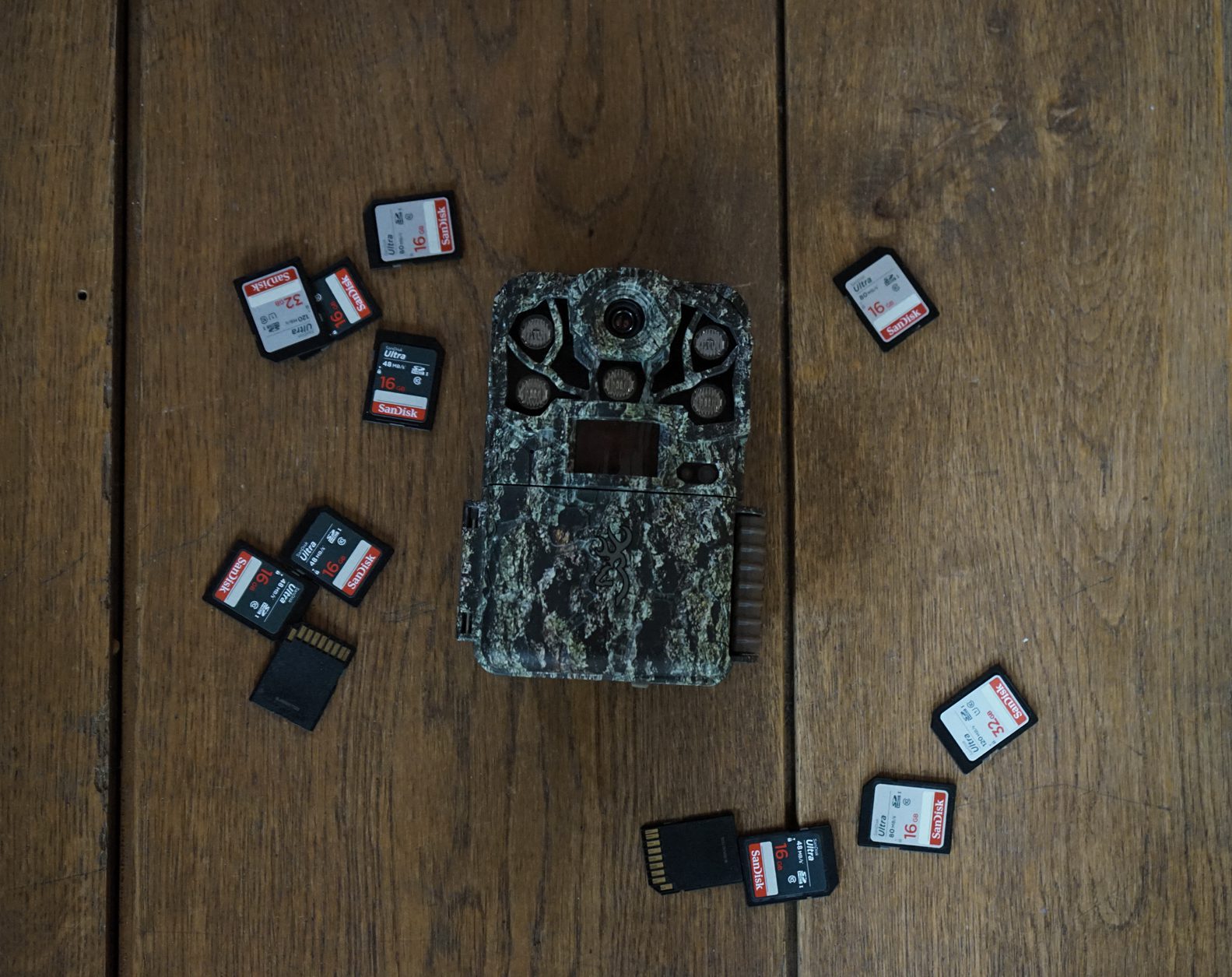 Trail camera surrounded by SD cards