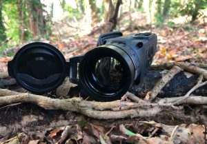Pulsar Helion 2 XP50 thermal imaging scope in a woodland