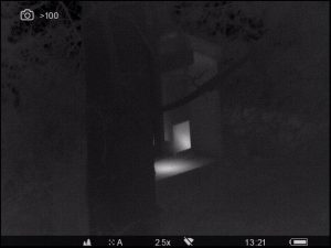 A close up thermal image of a VWT style pine marten den box